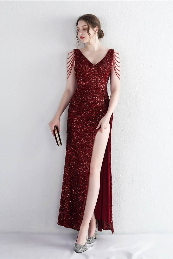 Sequin V-Neck Beaded Fringe High Split Mermaid Gown - View 16