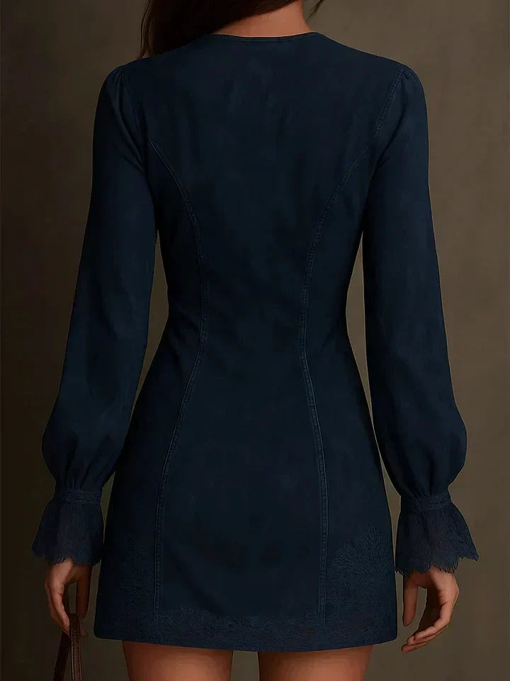 Lace Trim Deep V-Neck Zip Front Long Sleeve Bodycon Mini Dress 4