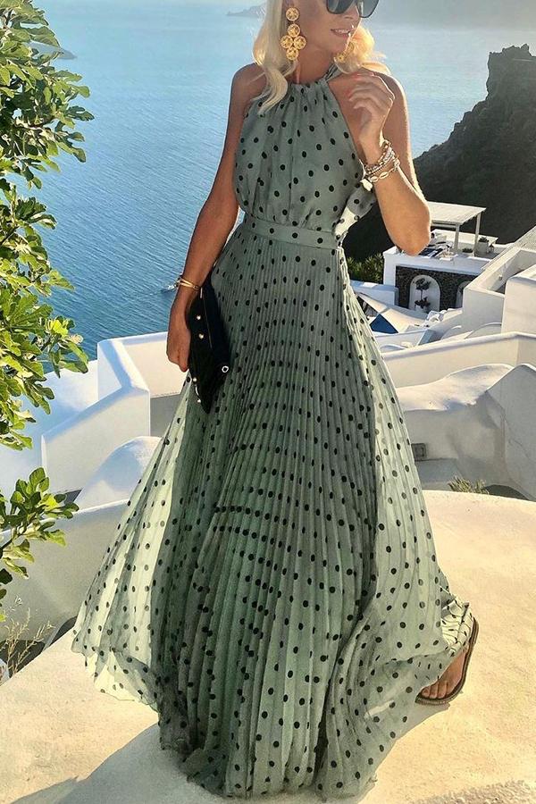 Polka Dot Halter Neck Sleeveless Pleated Belted Maxi Dress - View 2