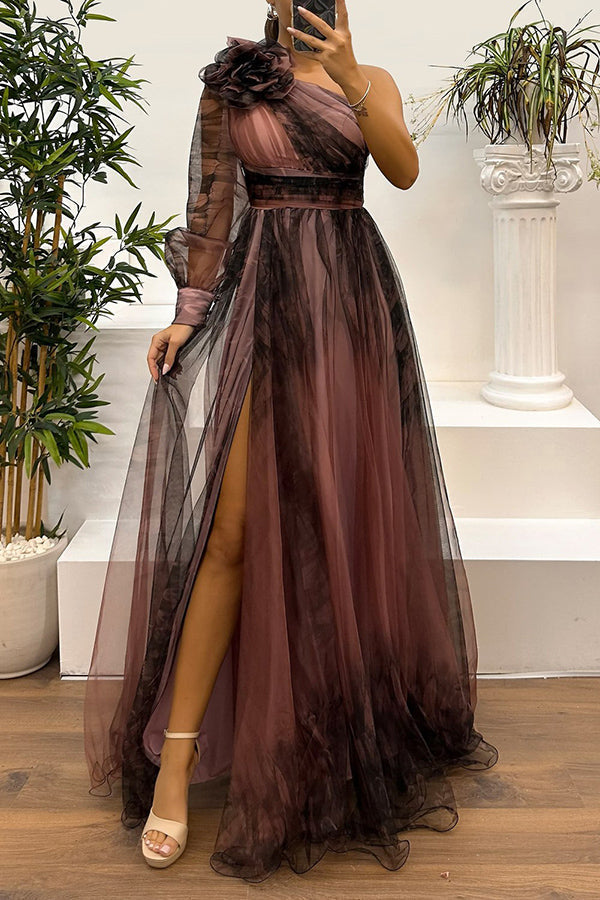 Tulle Off Shoulder Asymmetrical One Sleeve Maxi Dress - View 15