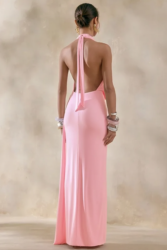 Halter Cowl Neck Ruched High Split Maxi Dress - View 5