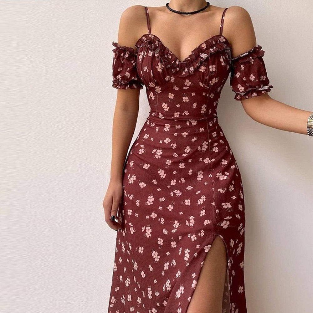 Sweetheart Ruffle Trim Cold Shoulder Midi Cocktail Dress - View 3