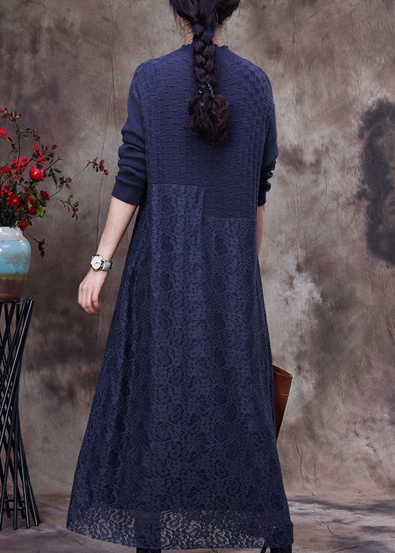 Mock Neck Knit Bodice Lace Skirt Asymmetric Seam Maxi Dress - View 3