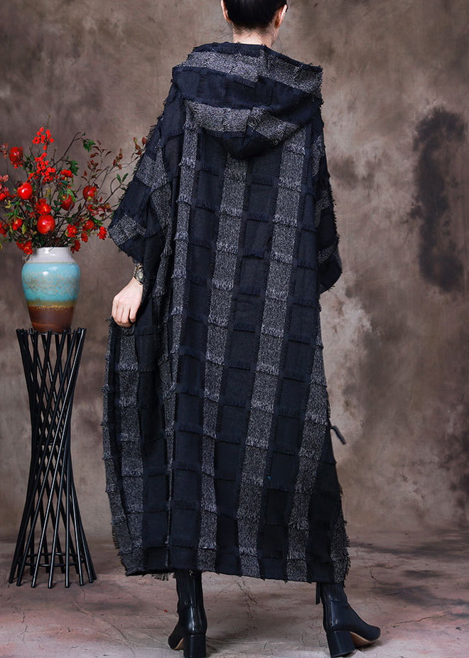 Hooded Patchwork Frayed Edge Pocket Drop Shoulder Maxi Dress - View 4