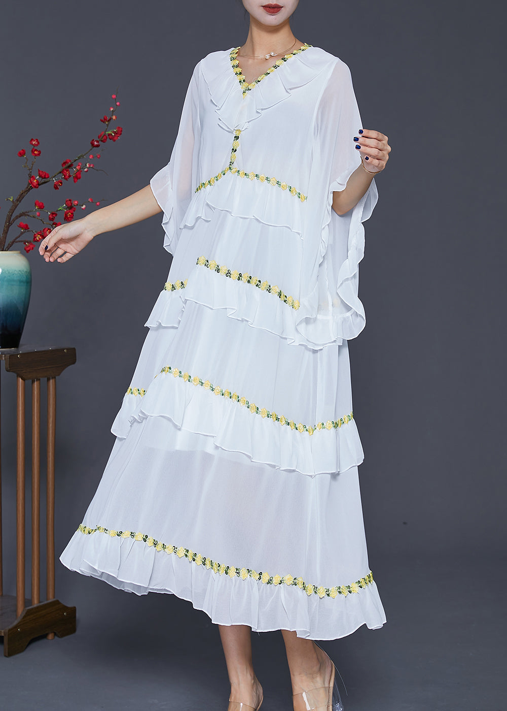 Chiffon V-Neck Ruffle Butterfly Sleeve Tiered Floral Maxi Dress