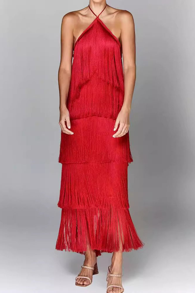 Chic Halter Fringe Backless Slit Cocktail Dress in Khaki - View 6