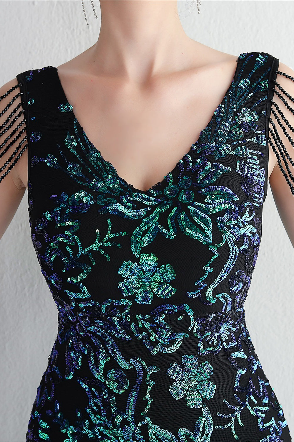 Sequin V-Neck Beaded Fringe Sleeve Mermaid Evening Gown - View 8