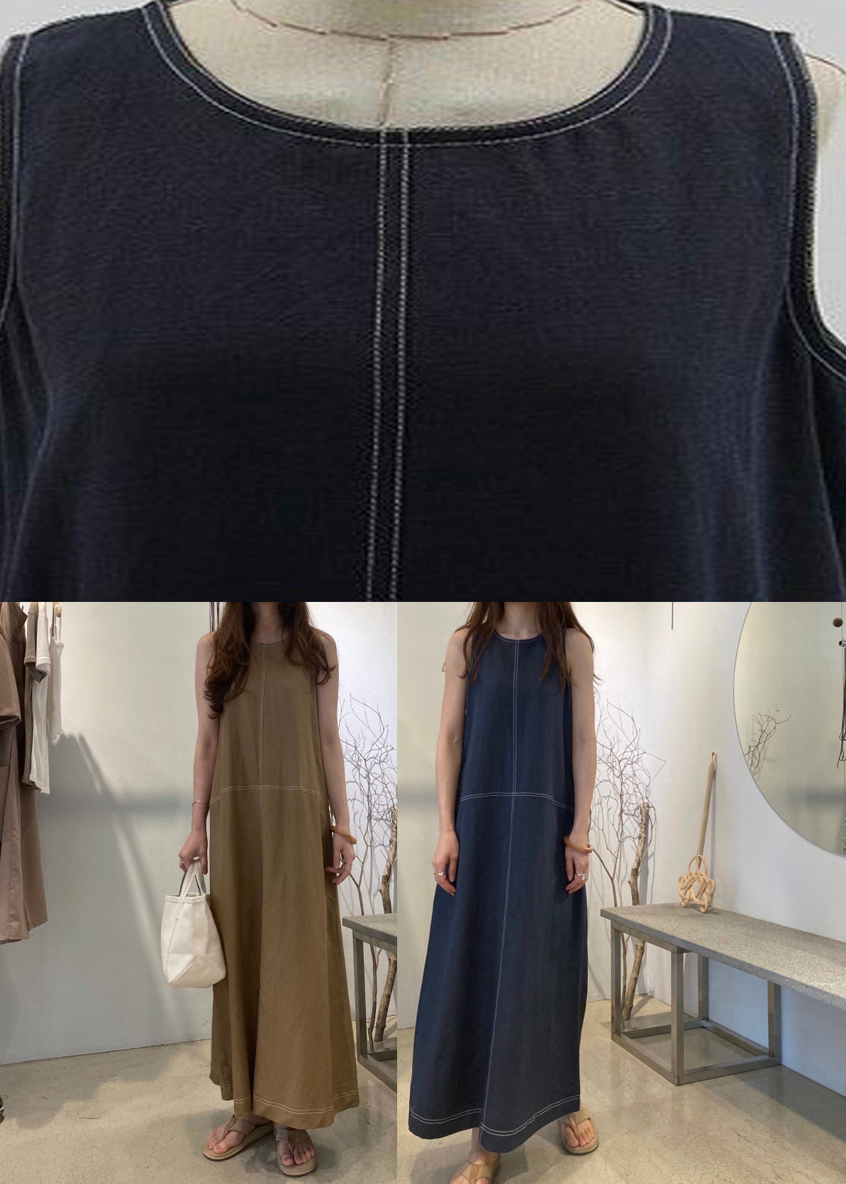 Contrast Topstitch Sleeveless Round Neck Shift Maxi Dress - View 5
