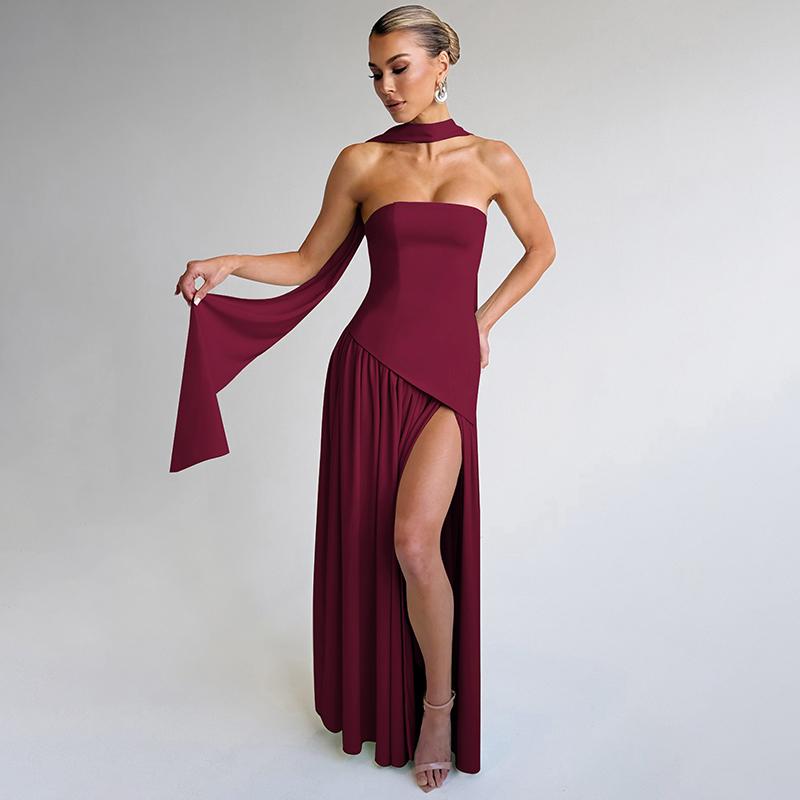 Strapless Corset Draped Sash High Split Maxi Gown 7