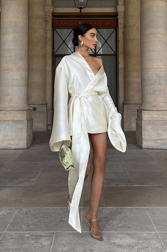 Loose Tie-Waist Long-Sleeve Satin Mini Silk Dress in Champagne - View 2