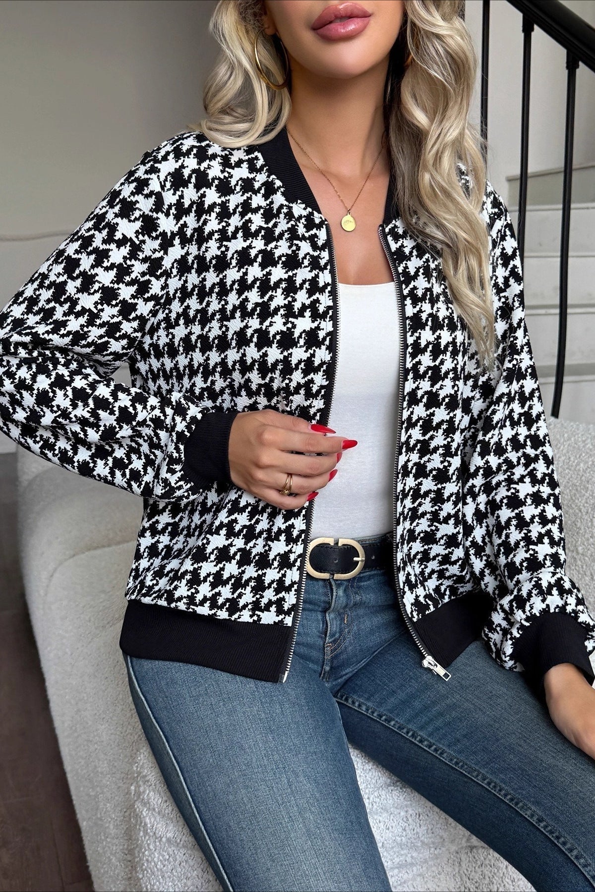 Long Sleeve Houndstooth Fitted Jacket