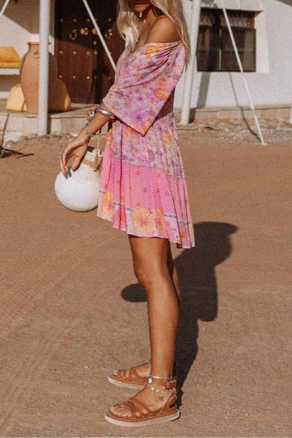 Floral Print V-Neck Button Front Flutter Sleeve Tiered Mini Dress - View 2