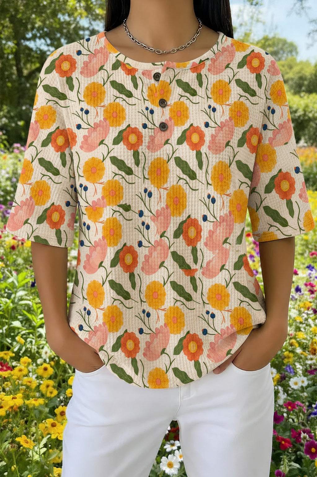 Retro Floral Print Waffle Knit Short Sleeve Henley Top