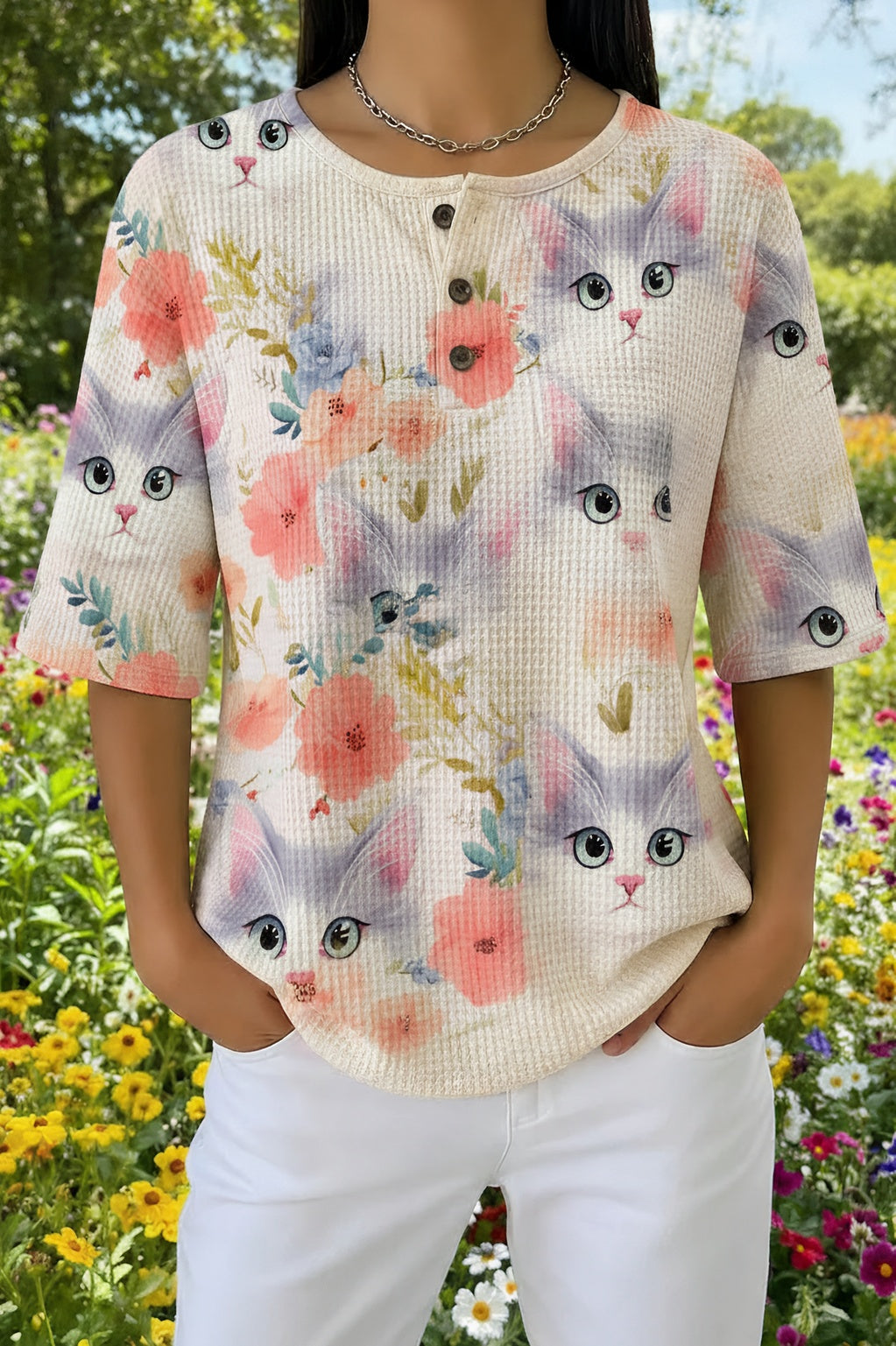 Floral Cat Print Waffle Knit Short Sleeve Henley Top