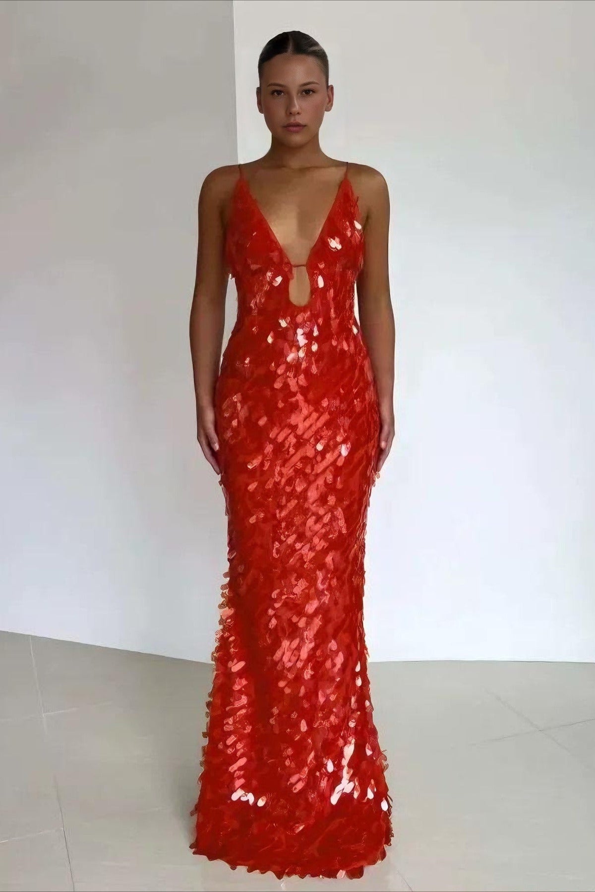 Sequin Spaghetti Strap Deep V-Neck Bodycon Maxi Cocktail Gown - View 3