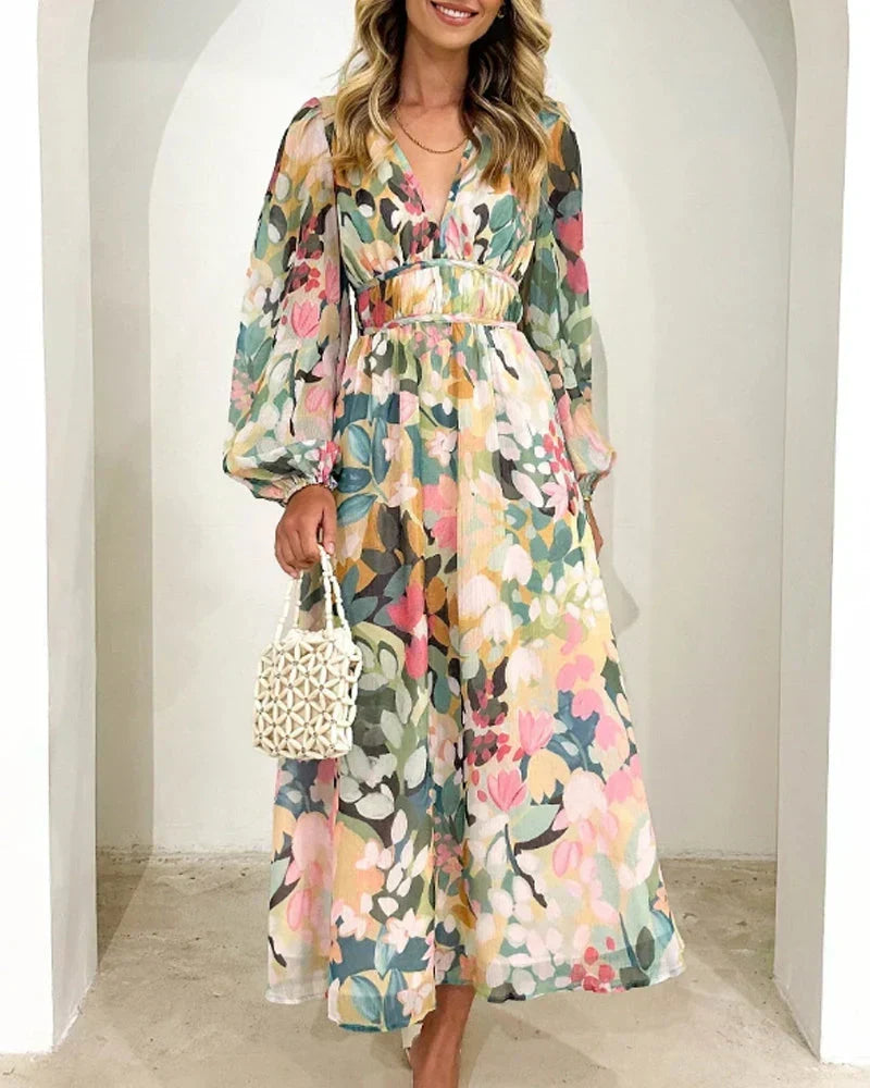 Floral Print V-Neck Long Sleeve Belted Maxi Dress 2