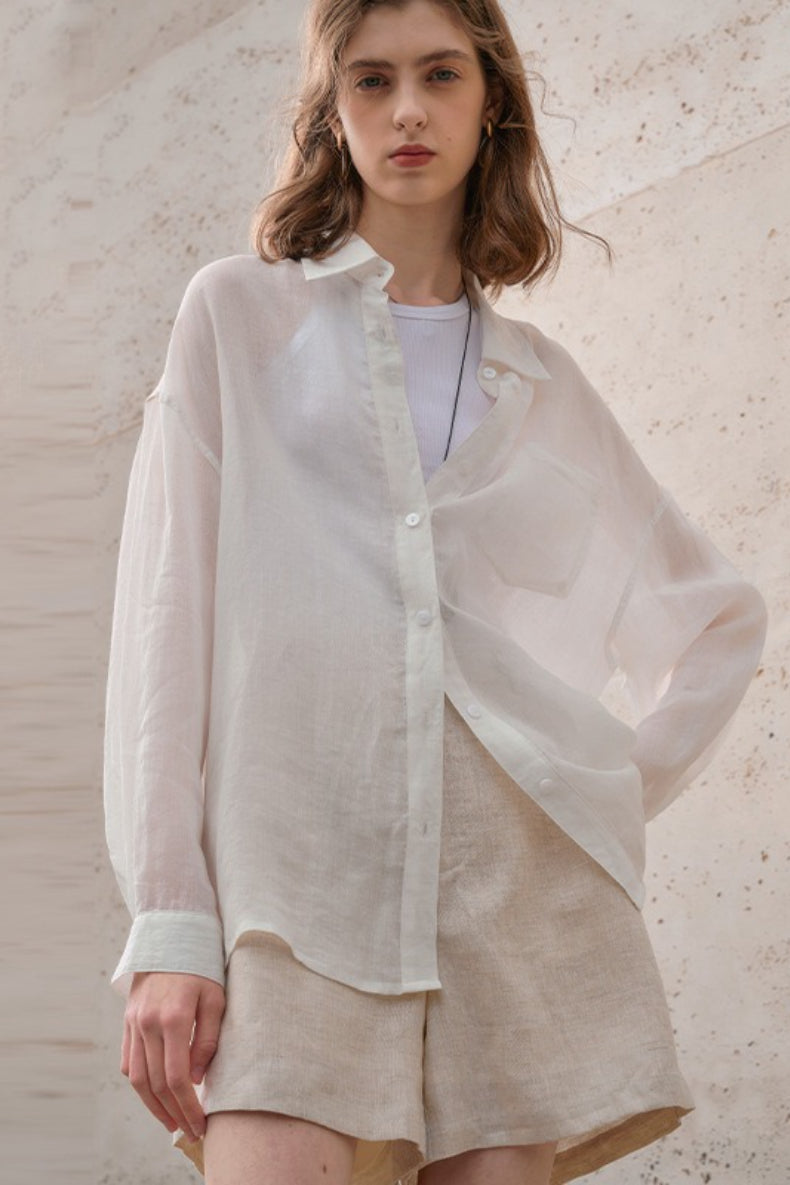 Sheer Linen Collared Long Sleeve Top