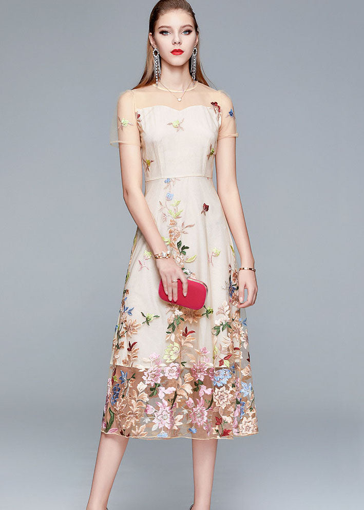 Floral Embroidered Mesh Illusion Neck Short Sleeve Midi Dress - View 4