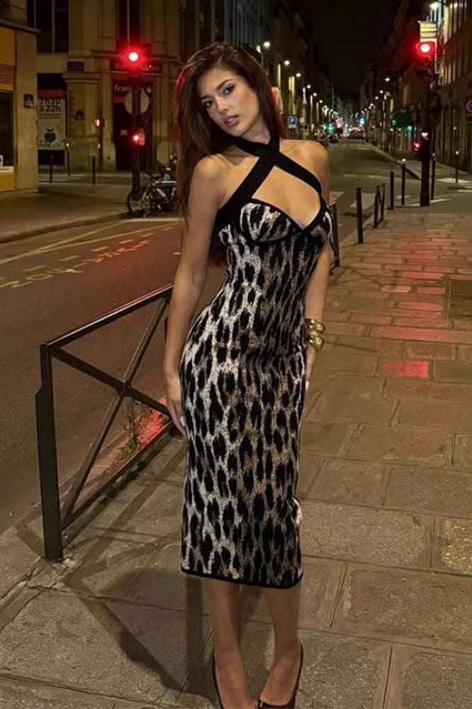Leopard Print Halter Cross Neck Cut Out Bodycon Midi Dress