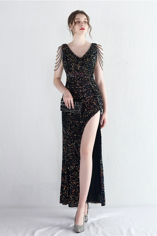 Sequin V-Neck Beaded Fringe High Split Mermaid Gown
