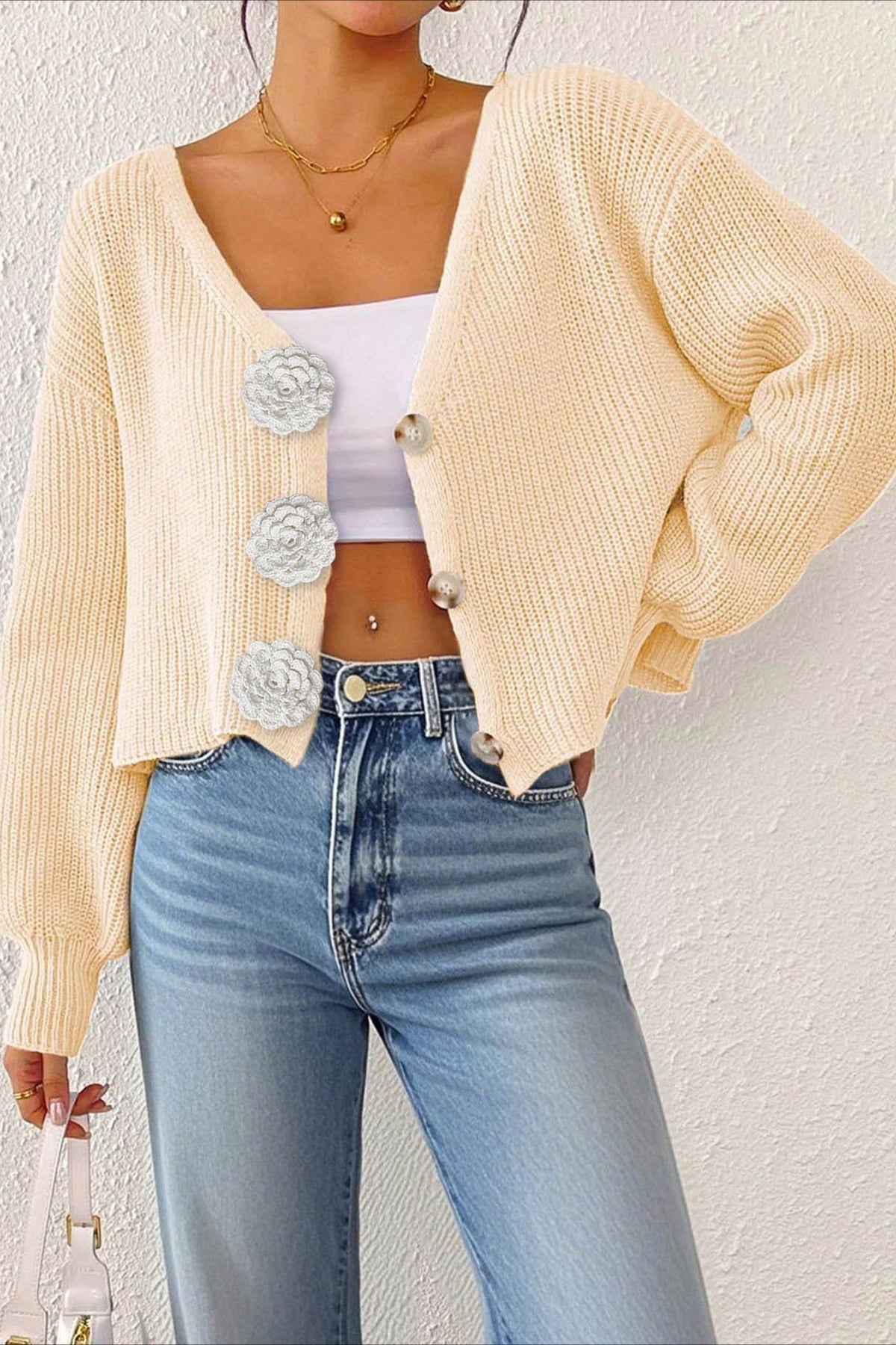 Button Front Crochet Knit Crop Sweater