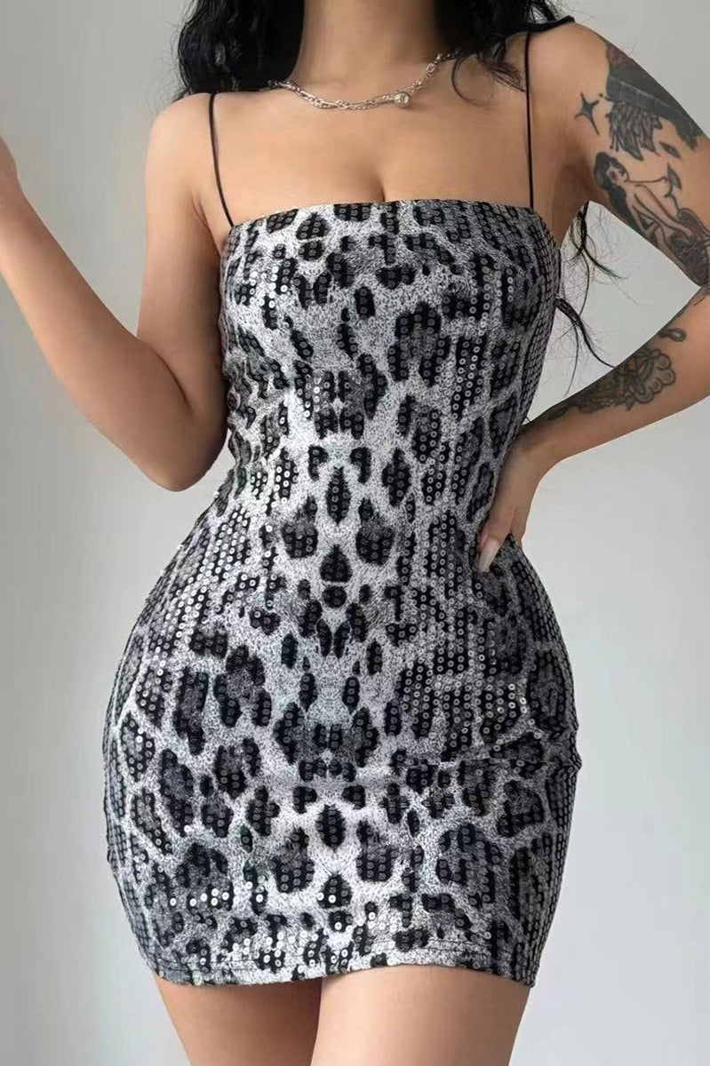 Sequin Square Neck Spaghetti Strap Bodycon Mini Cocktail Dress - View 3