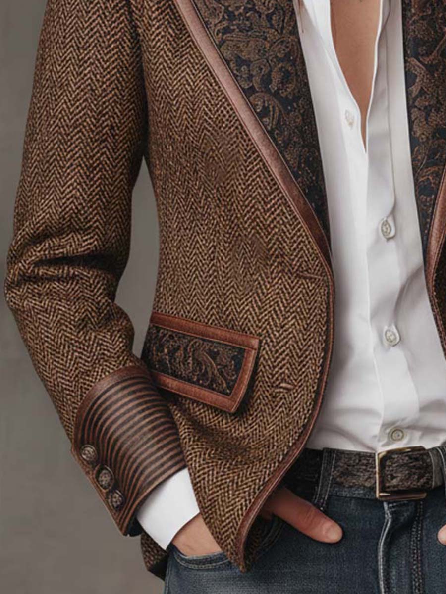 Herringbone Paisley Panel Faux Leather Trim Blazer 6