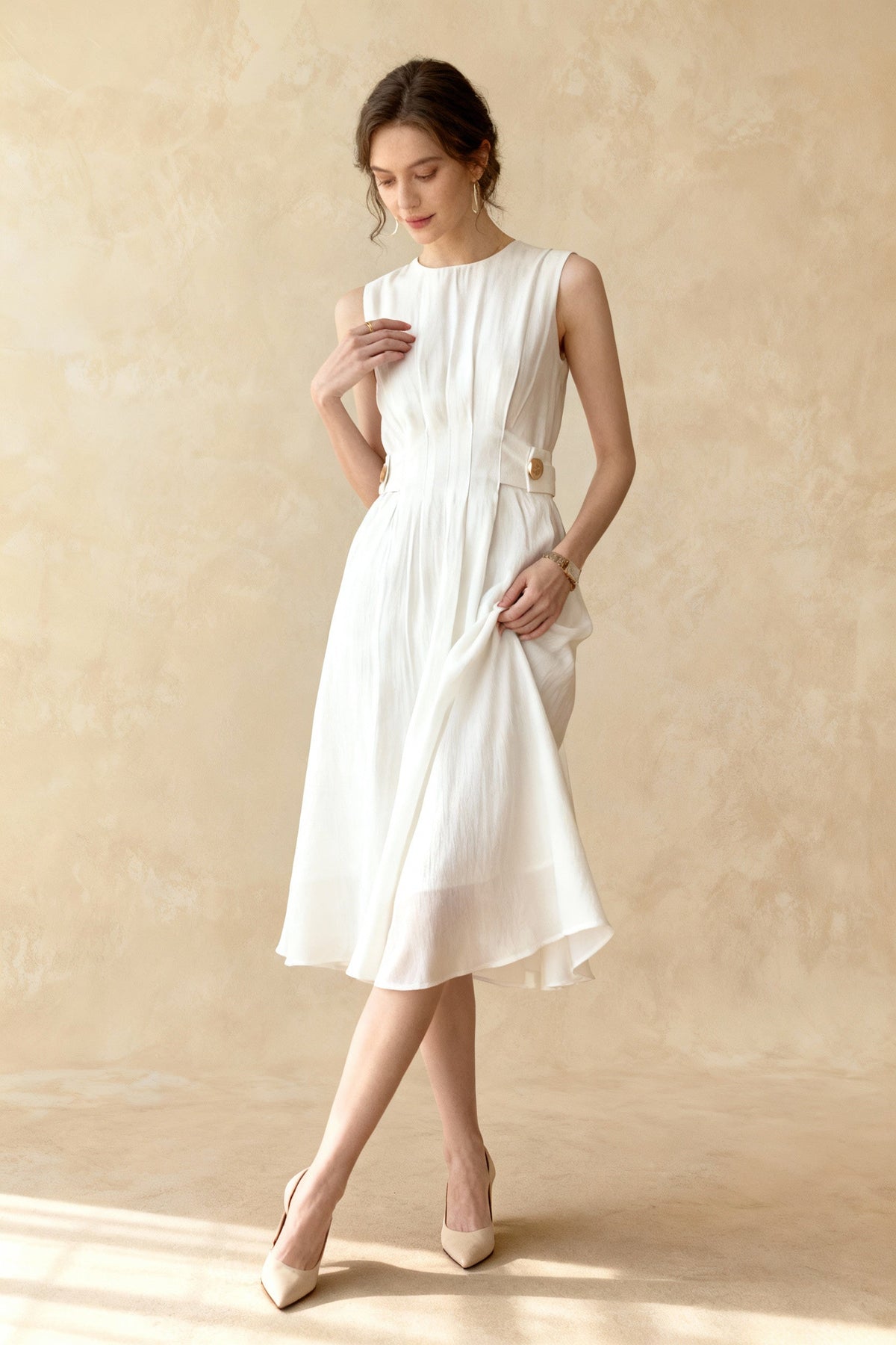 Sleeveless Pintuck Bodice Button Waist Tab A-Line Midi Dress - View 2