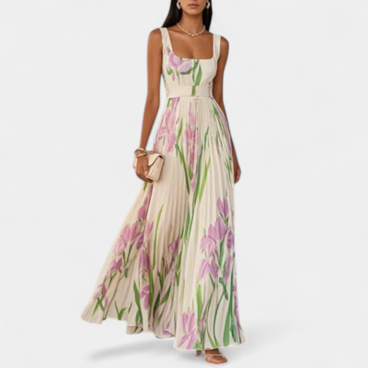 Floral Print Square Neck Pleated Maxi Dress