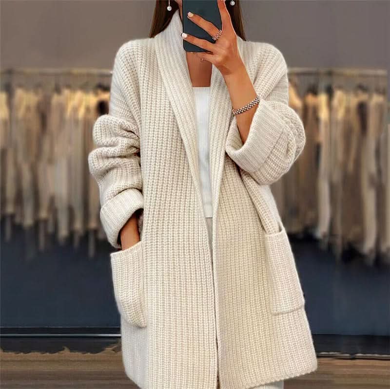 Shawl Collar Longline Pocket Chunky Knit Open Cardigan