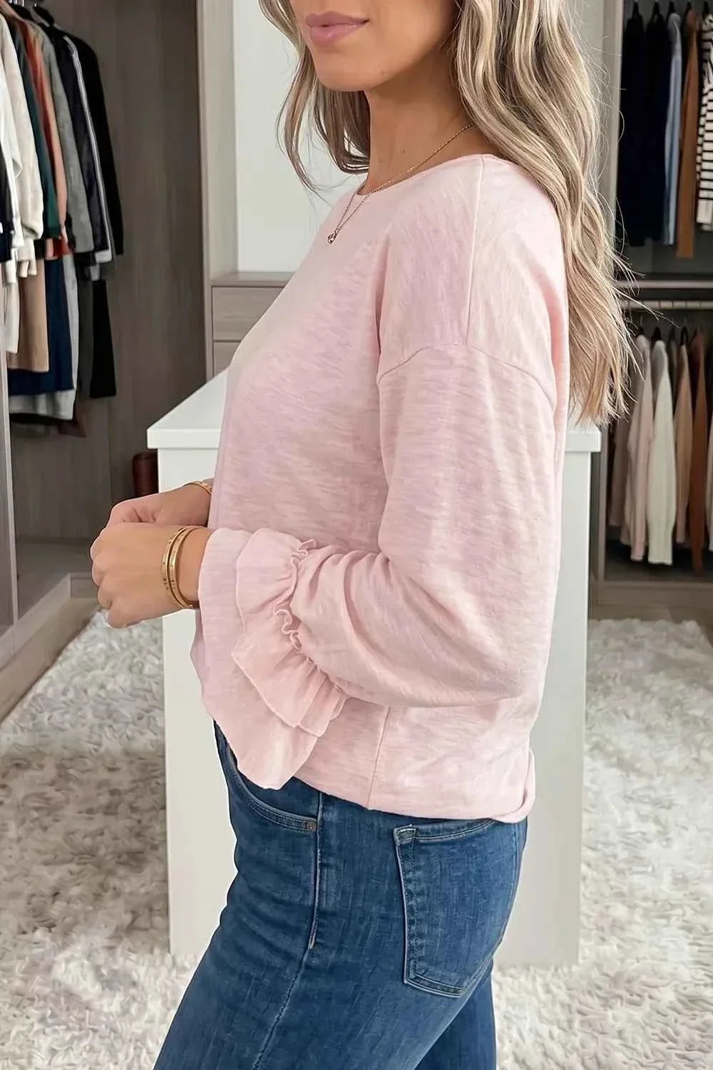 Long Sleeve Ruffle Cuff Casual Top