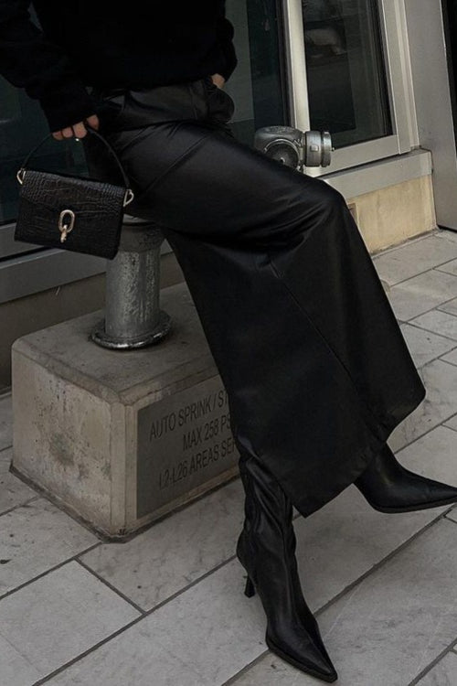 High Slit PU Leather Bodycon Skirt