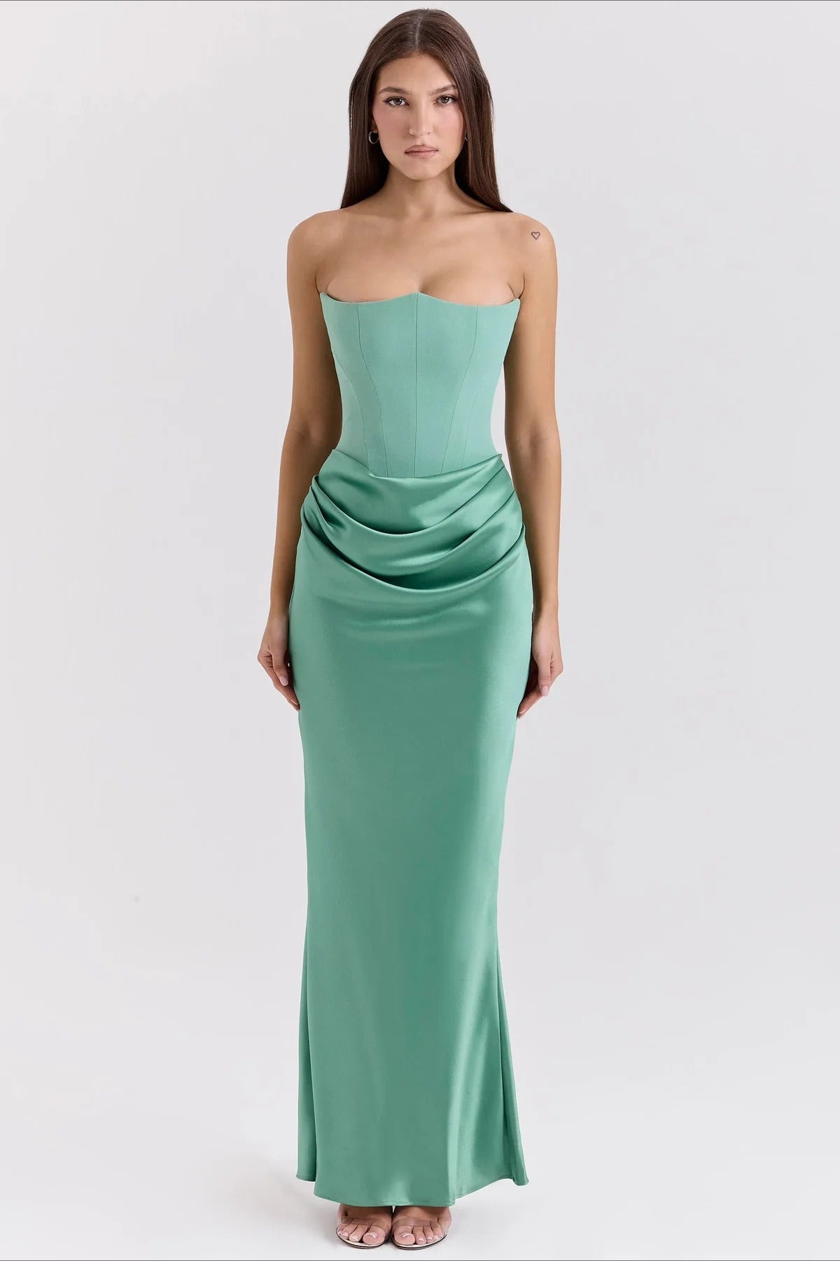 Strapless Sweetheart Corset Gathered Waist Satin Column Maxi Gown - View 8