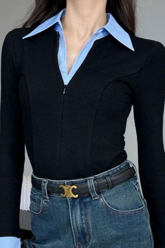 Polo Neck Slim Faux Two Piece Knit Long Sleeve Blouse