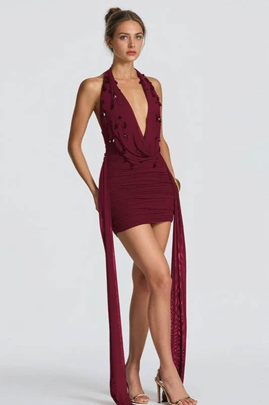 Deep V-Neck Halter Neck Beaded Ruched Bodycon Mini Dress - View 3