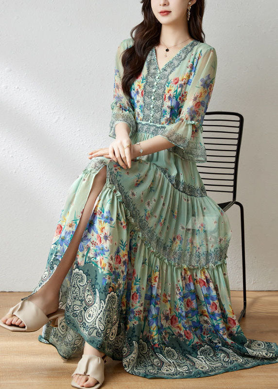 Floral Print Lace Trim V-Neck Bell Sleeve Tiered Maxi Dress