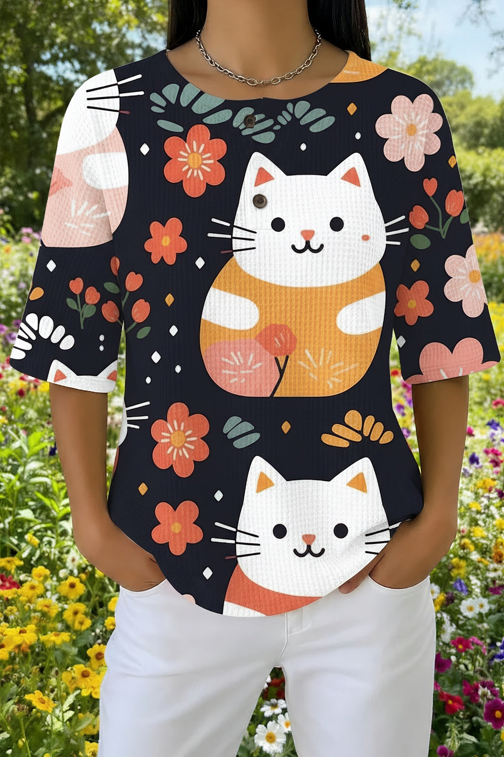 Cartoon Cat and Daisy Print Short Sleeve Knit Top
