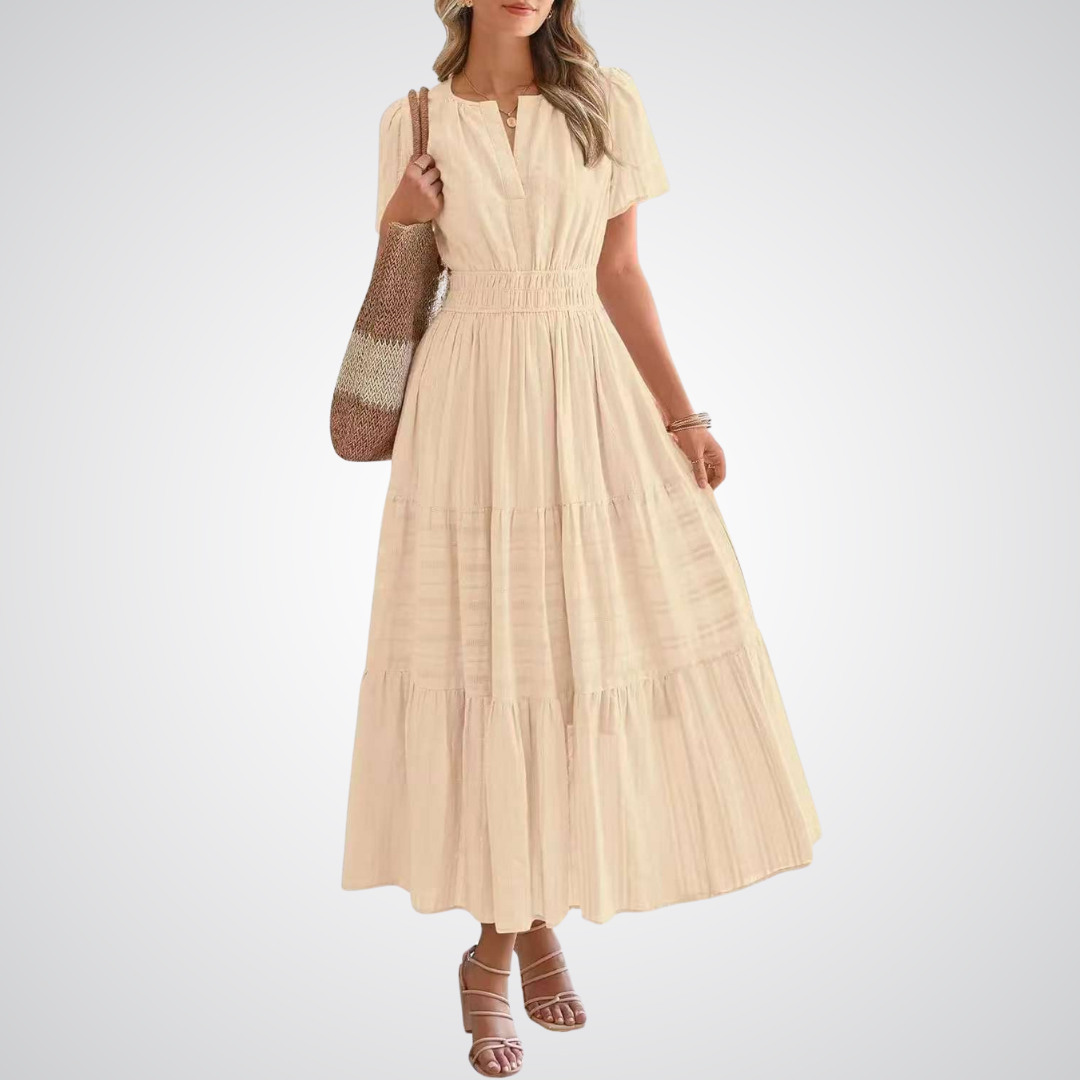 Split Neck Flutter Sleeve Smocked Waist Tiered Maxi Dress 9