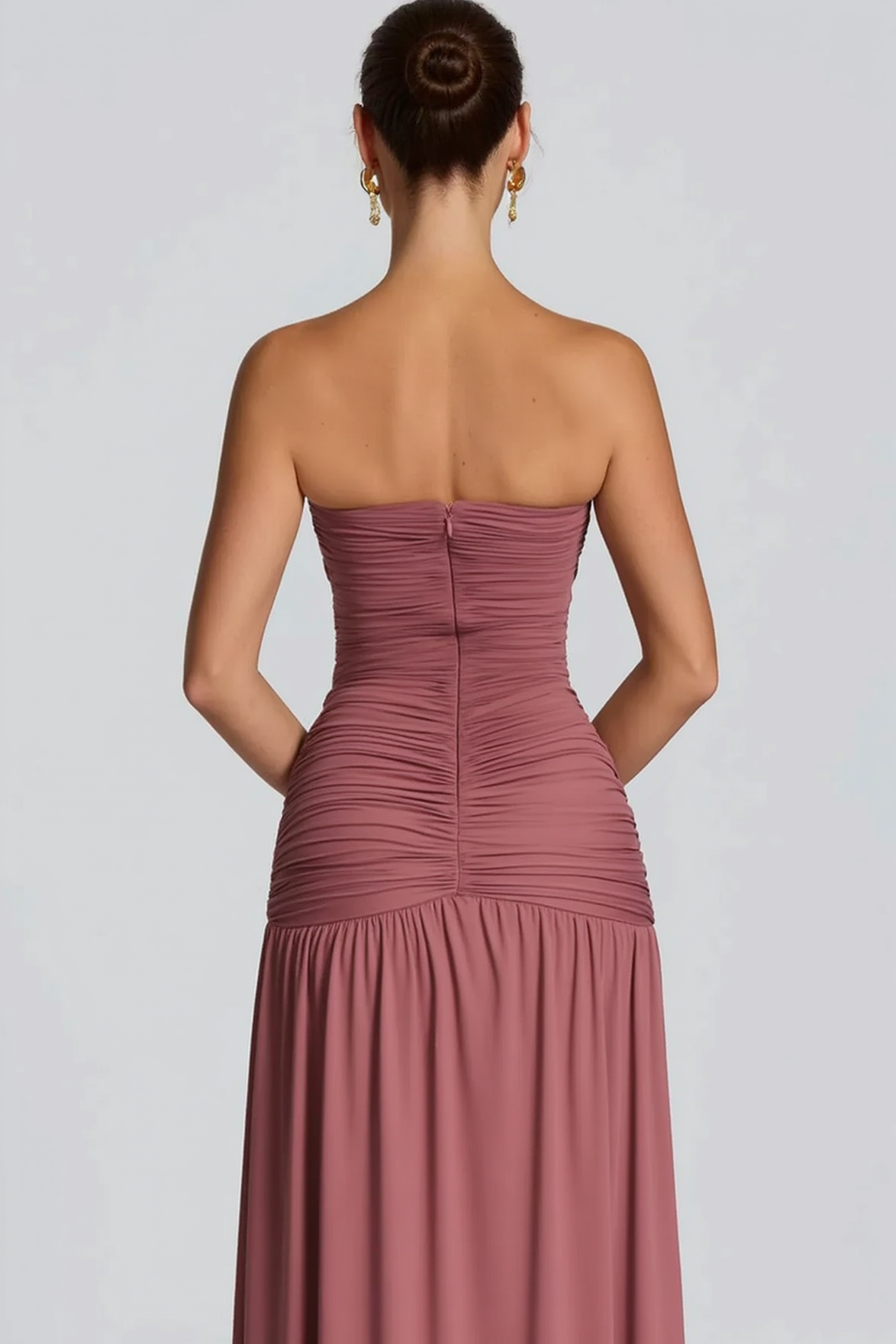 Strapless Plunge Ruched High Split Maxi Formal Gown - View 13
