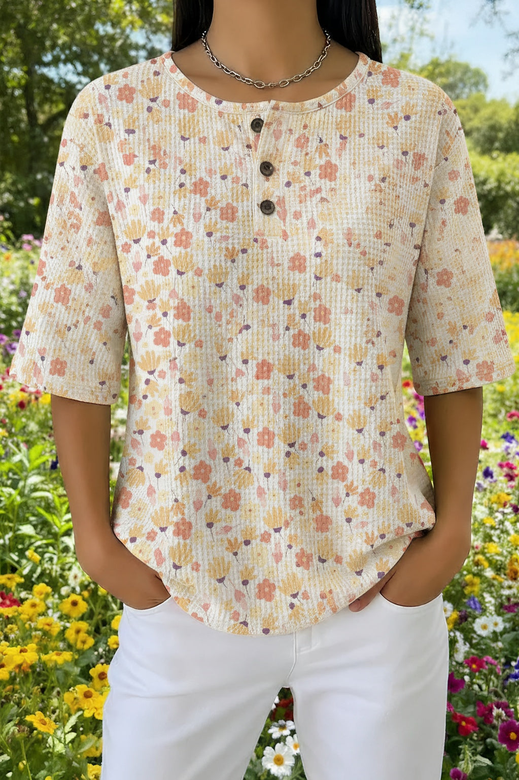 Floral Print Waffle Knit Short Sleeve Henley Top