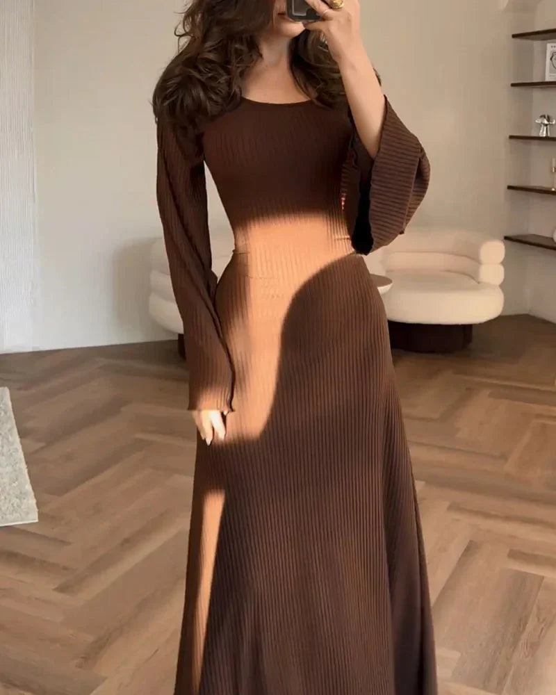 Rib Knit Square Neck Long Sleeve Bell Cuff Bodycon Maxi Dress - View 10