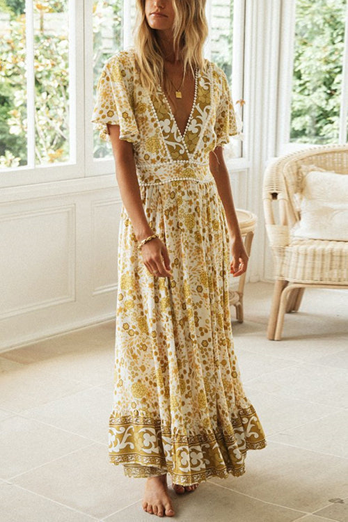Floral Print Deep V-Neck Pom Trim Flutter Sleeve Maxi Dress - View 4