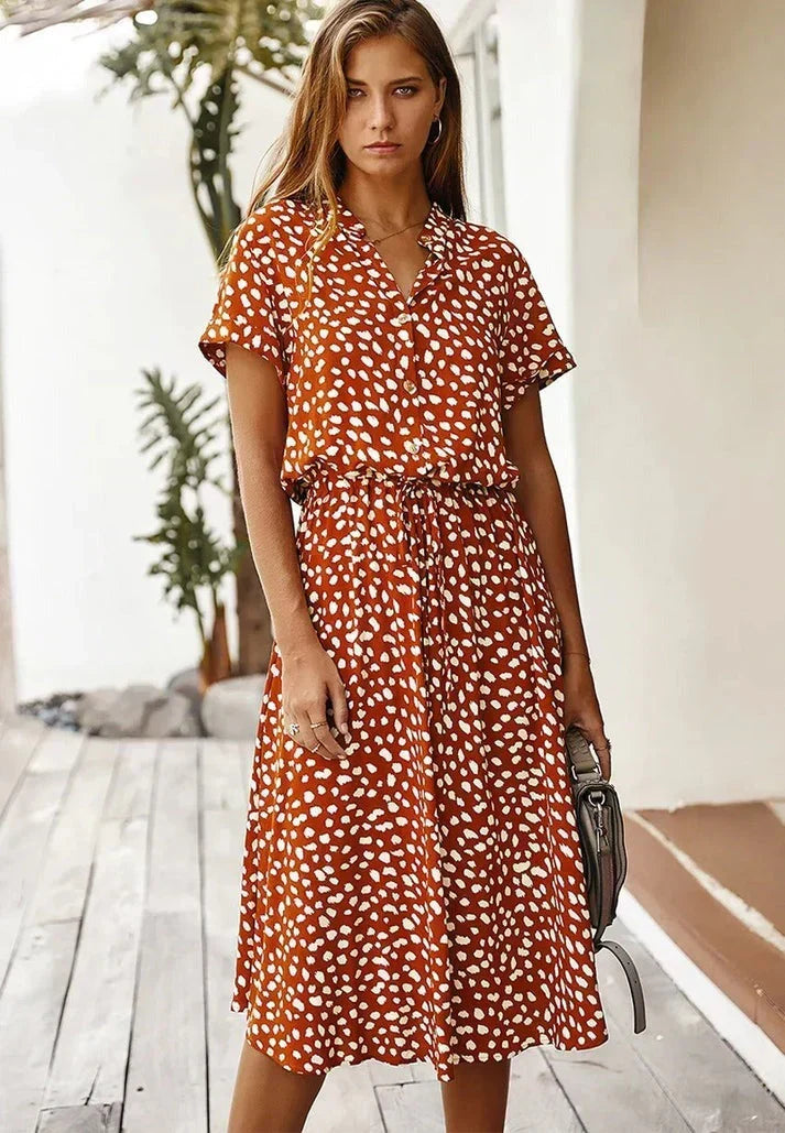 Animal Print Collared Short Sleeve Drawstring Midi Shirt Dress 11
