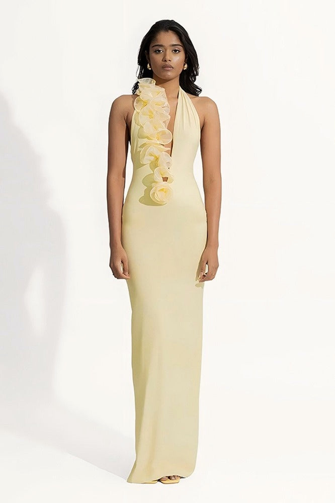 Halter Neck Deep V-Neck Ruffle Applique Bodycon Maxi Prom Dress - View 8