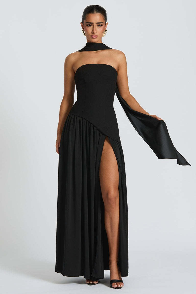 Strapless Scarf Neck High Split Draped Maxi Gown - View 25