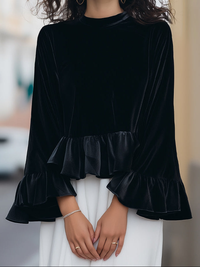 Mock Neck Bell Sleeve Ruffle Hem Velvet Top 2