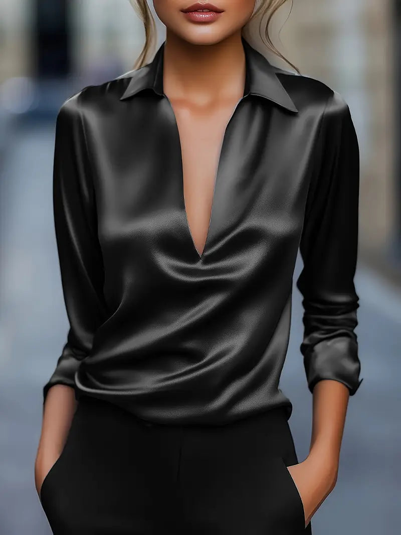 Collared Deep V-Neck Long Sleeve Satin Blouse 10