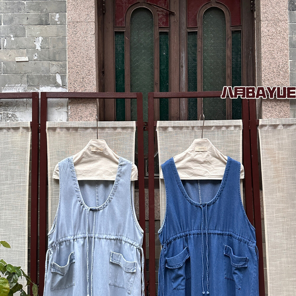 Denim Sleeveless Drawstring Waist Pocket Midi Dress 9
