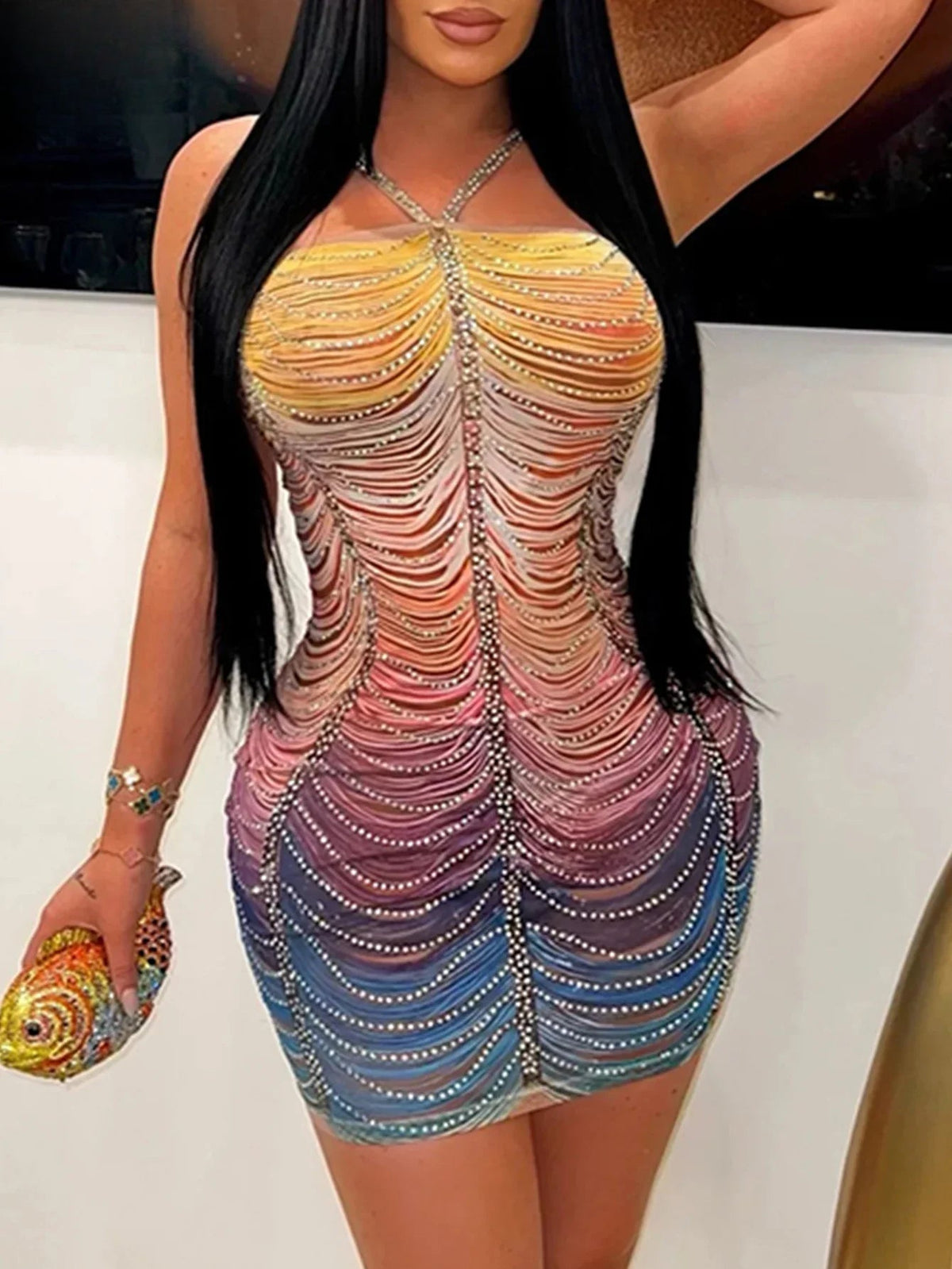 Halter Neck Rhinestone Fringe Bodycon Mini Dress - View 7