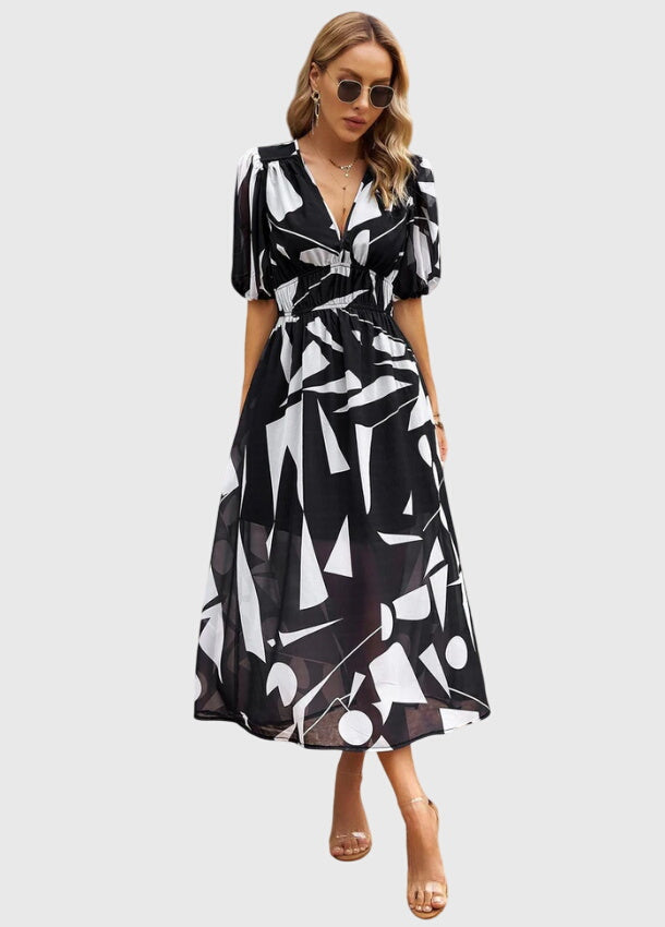 Floral Print Deep V-Neck Puff Sleeve High Waist Maxi Dress 4